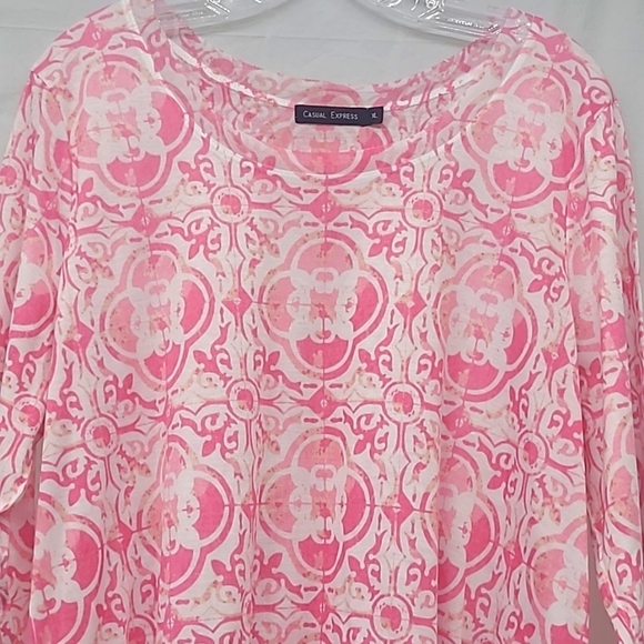 Bohemian Tunic Top Pink White Abstract Print Boat Neck Long Sleeve - Picture 1 of 8
